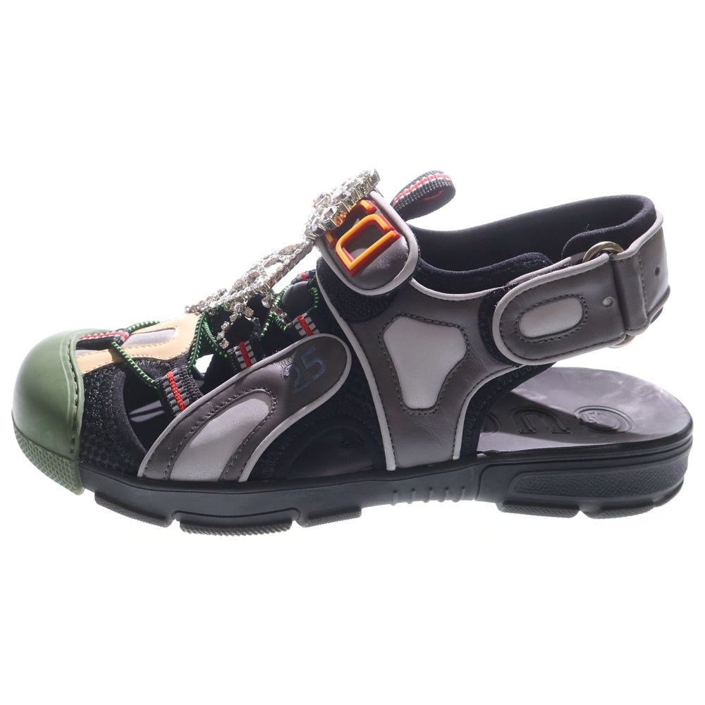 GUCCI(グッチ) ビジュー装飾 レザー ラバー ベルクロ フラットサンダル 