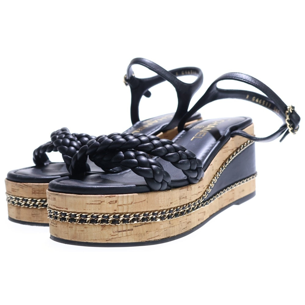 CHANEL(シャネル) ココマーク ラムスキン レザー チェーン装飾 ウェッジソール ヒール ストラップサンダル シューズ ゴールド金具 ブラック レディース G46317