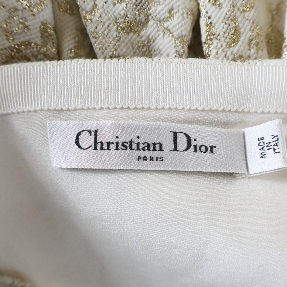 DIOR(ディオール) 総柄ジャガード ラメ ギャザー フレア ロング ジャンパースカート ワンピース ホワイト/ゴールド レディース 511D20A9451