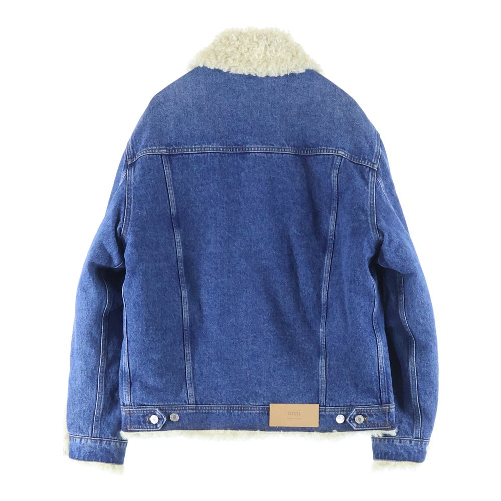 ami paris(アミパリス) ロゴパッチ付フェイクファーデニムジャケット インディゴブルー UJK239.DE0016