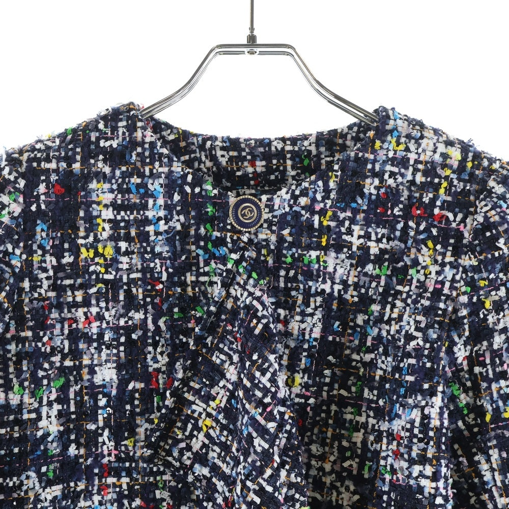 CHANEL(シャネル) ココマークボタン スパンコール ツイード ノーカラー ジャケット マルチカラー ネイビー/ホワイト レディース P62686V48360