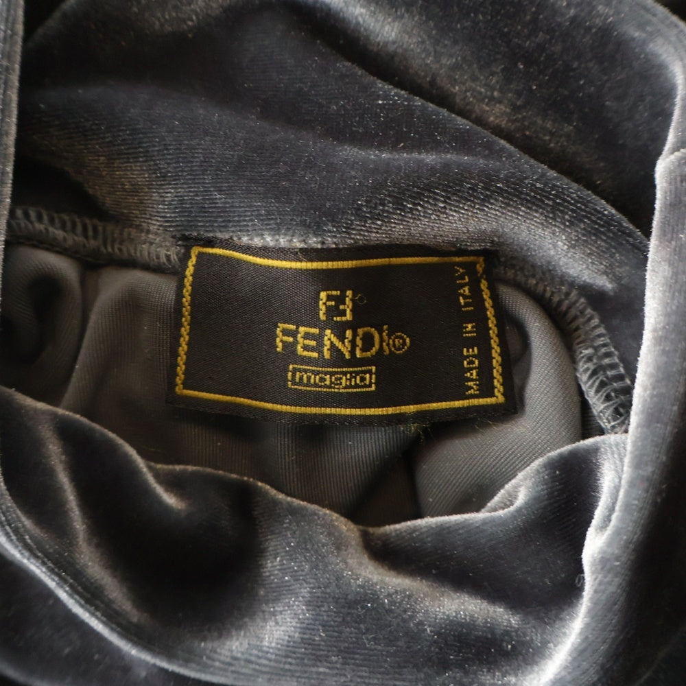 FENDI(フェンディ) FFロゴ刺繍 ベロア ベルベット モックネック ロングスリーブ 長袖Tシャツ カットソー グレー レディース