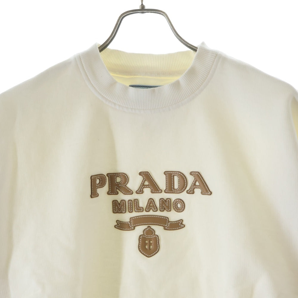 PRADA(プラダ) レザー ワッペンロゴ クルーネック プルオーバースウェットトレーナー ホワイト レディース