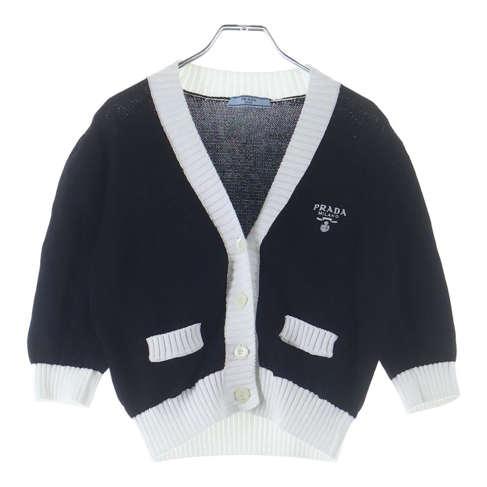 PRADA(プラダ) ロゴ刺繍クロップドセミラグランカーディガン ブラック×ホワイト P25I04 レディース