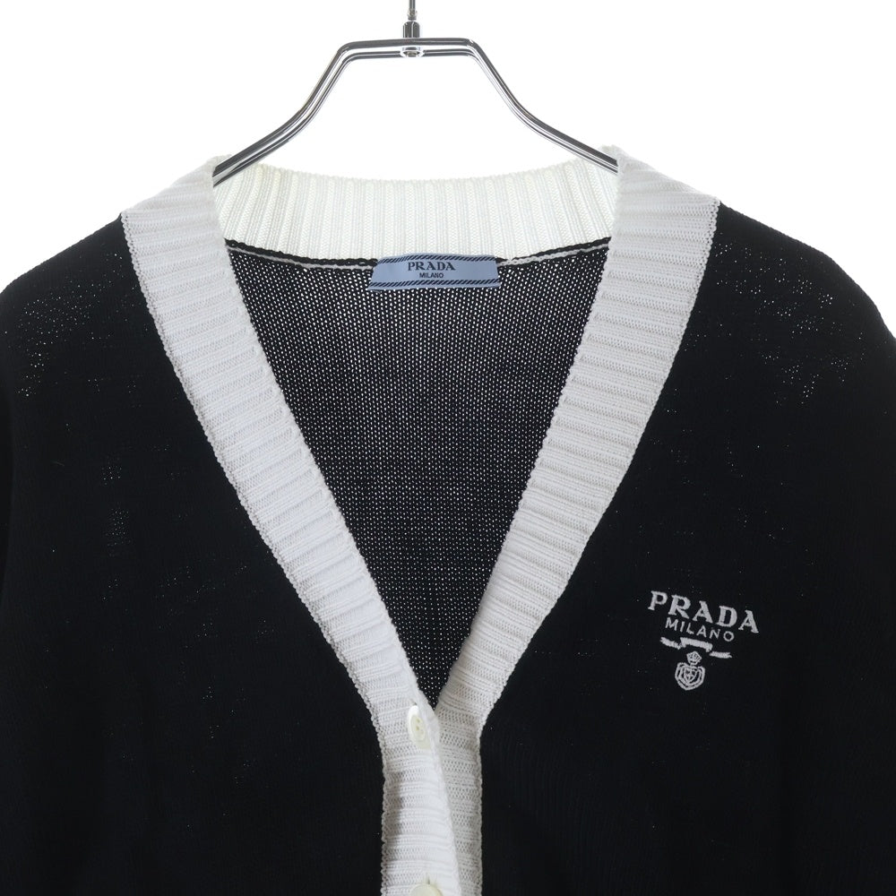 PRADA(プラダ) ロゴ刺繍クロップドセミラグランカーディガン ブラック×ホワイト P25I04 レディース