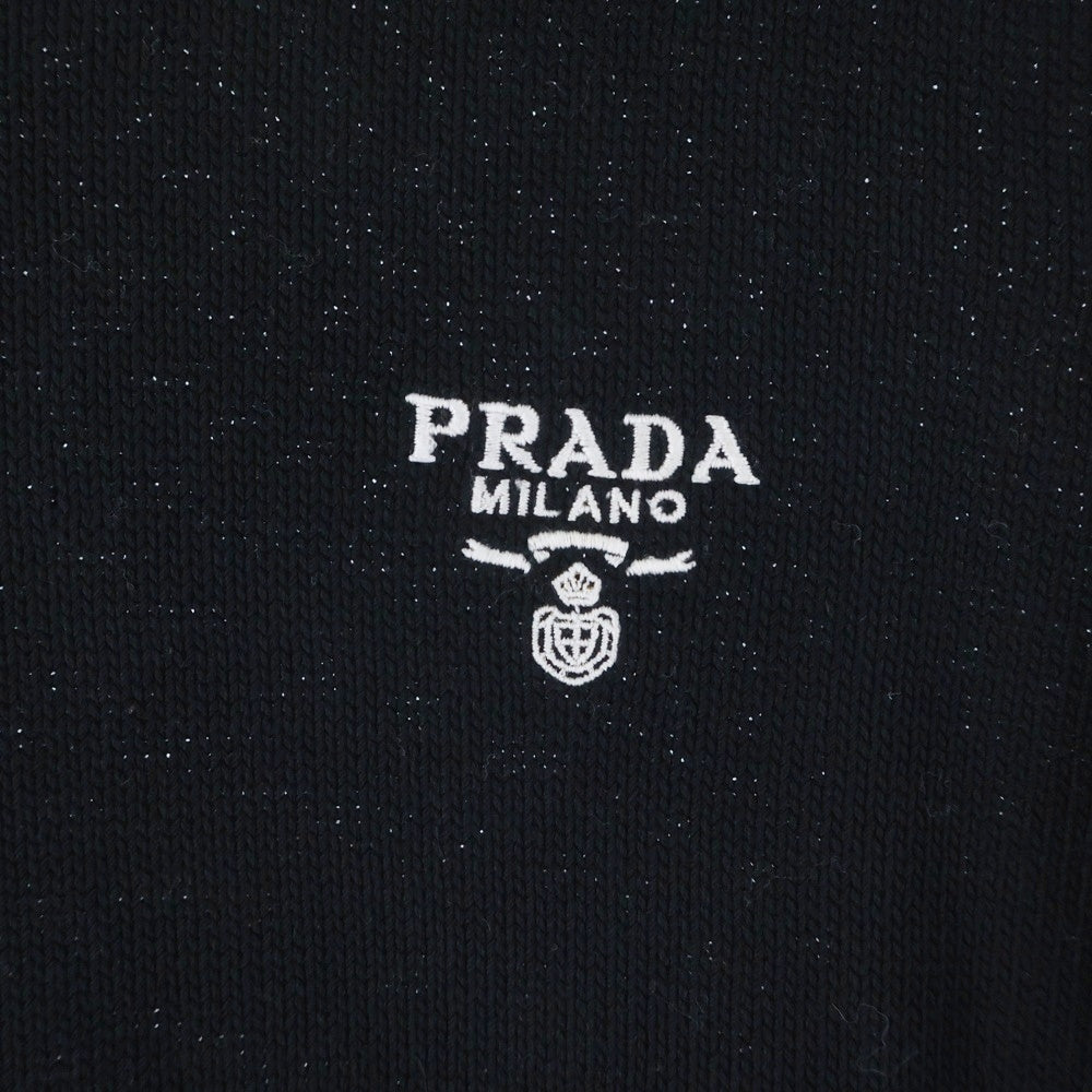 PRADA(プラダ) 23AW ロゴ刺繍半袖コットンニット ポケット付ミニドレス ブラック×ホワイト 23955 S231 1Z05 レディース
