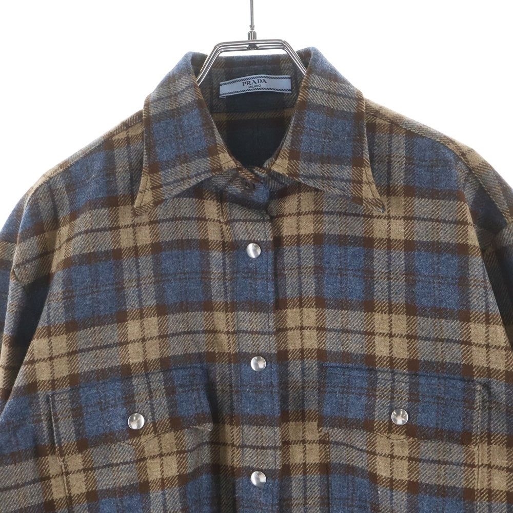 PRADA(プラダ) Checked wool twill shirt トライアングルロゴ チェックウールツイル長袖シャツ ブラウン P448H レディース