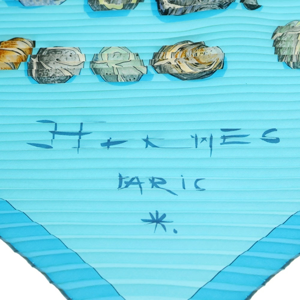 HERMES(エルメス) プリーツカレ Rocaille2 ロカイユ 貝殻 ブルー シルク スカーフ レディース