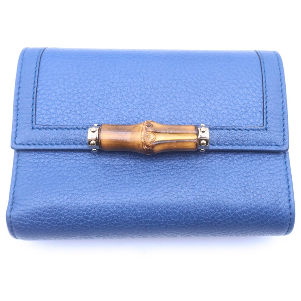 GUCCI(グッチ) バンブー 二つ折り財布 コンパクトウォレット コインケース ブルー レザー 257017 ゴールド金具 レディース