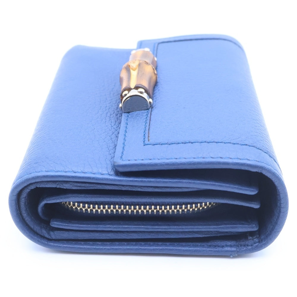 GUCCI(グッチ) バンブー 二つ折り財布 コンパクトウォレット コインケース ブルー レザー 257017 ゴールド金具 レディース
