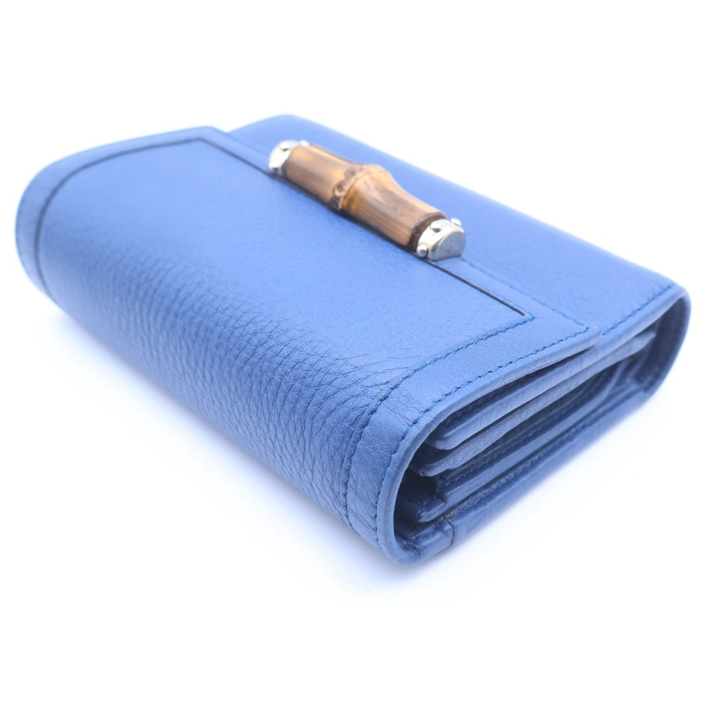 GUCCI(グッチ) バンブー 二つ折り財布 コンパクトウォレット コインケース ブルー レザー 257017 ゴールド金具 レディース