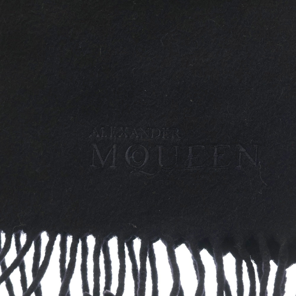 Alexander McQueen(アレキサンダーマックイーン) ロゴ刺繍 カシミヤ フリンジマフラー ブラック レディース