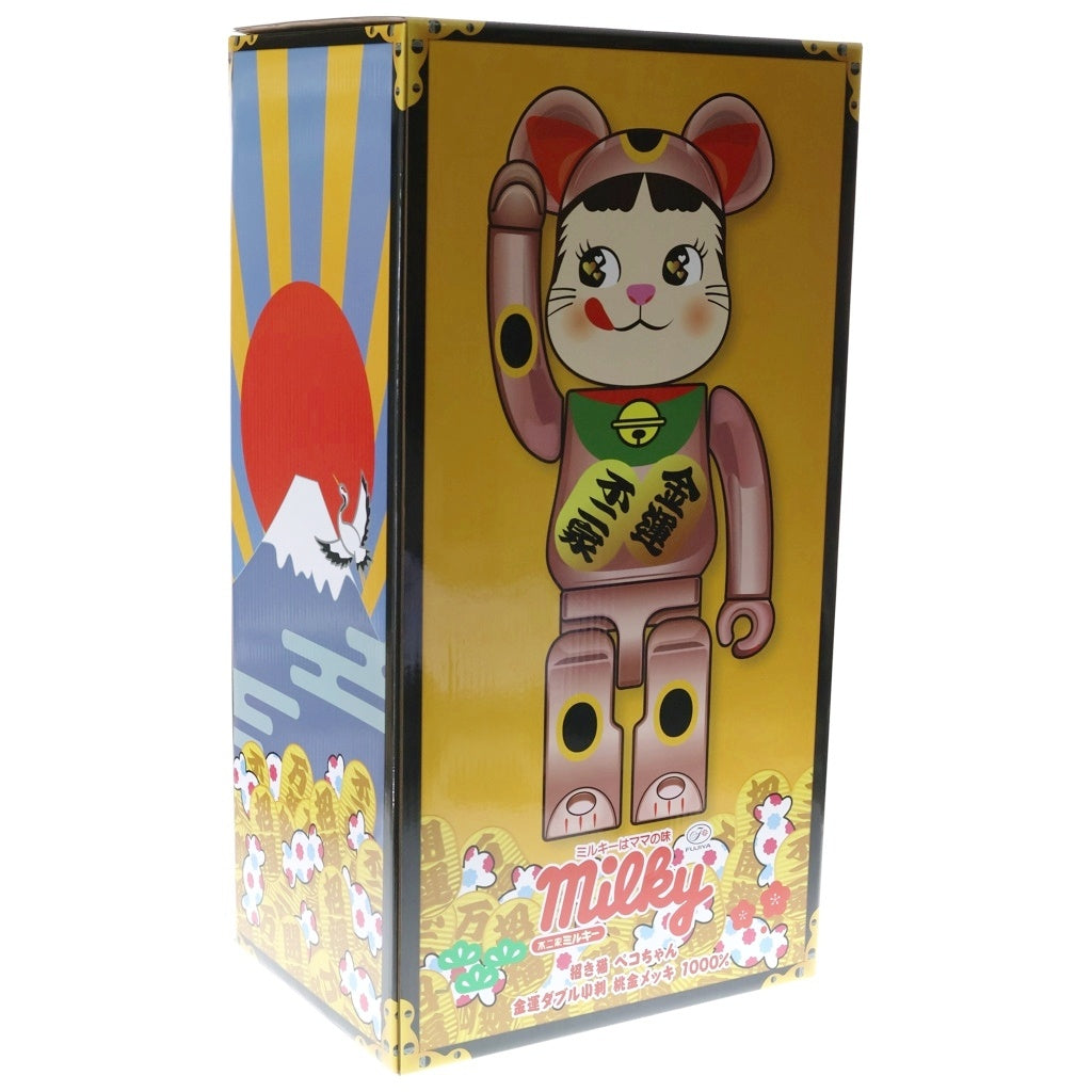 BE@RBRICK(ベアブリック) ×不二家 ペコちゃん 招き猫 金運ダブル小判 桃金メッキ 1000% フィギュア 人形 ピンクゴールド 箱