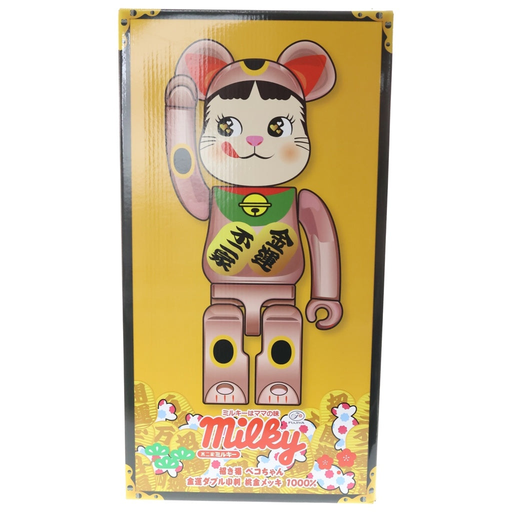 BE@RBRICK(ベアブリック) ×不二家 ペコちゃん 招き猫 金運ダブル小判 桃金メッキ 1000% フィギュア 人形 ピンクゴールド 箱