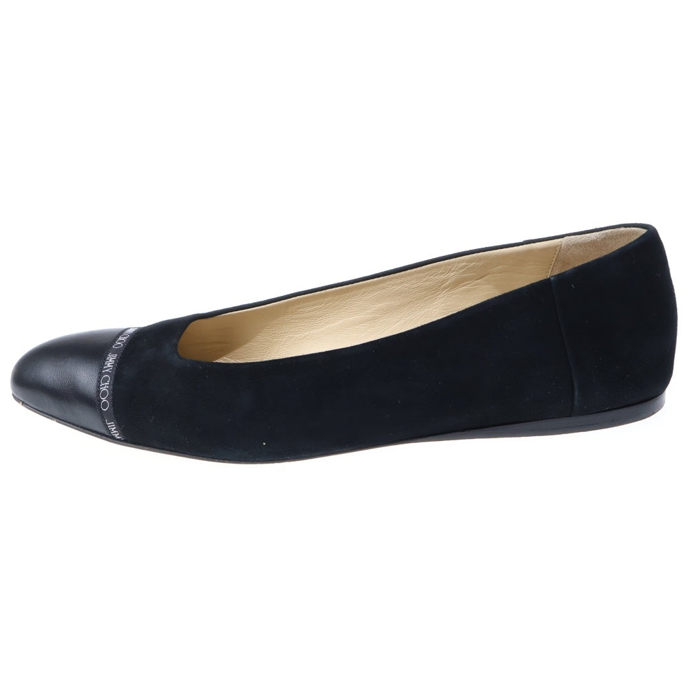 JIMMY CHOO(ジミーチュウ) ロゴテープ スエード コンビレザー フラットシューズ パンプス ブラック レディース