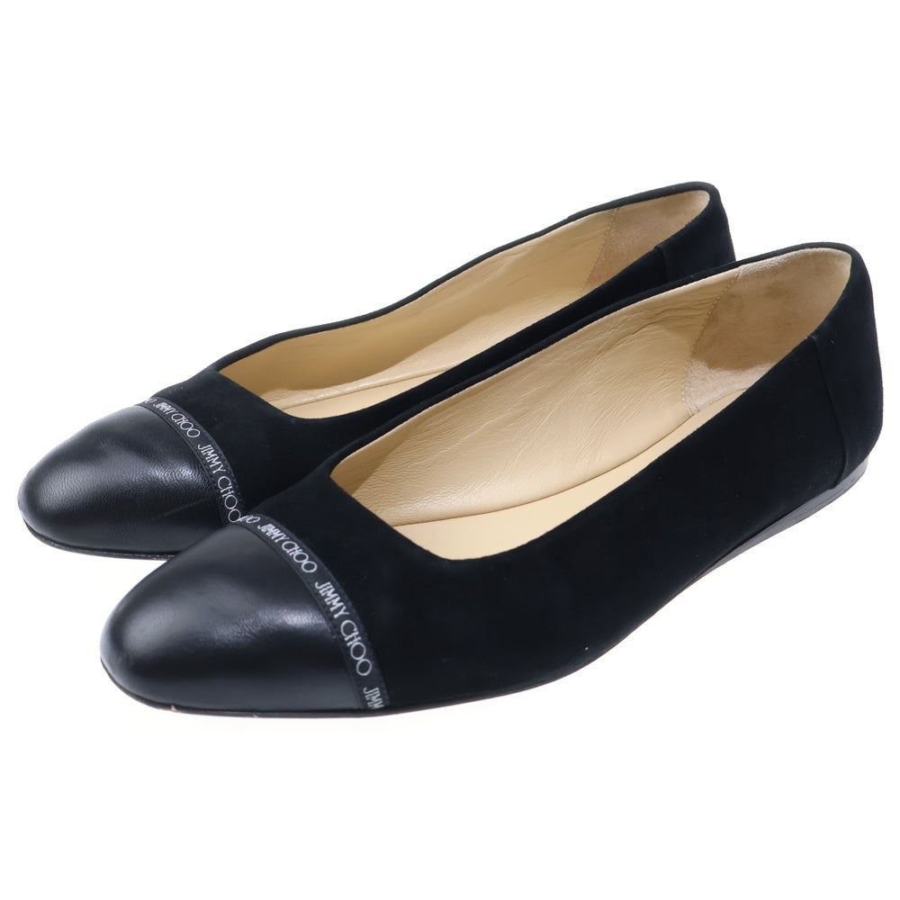 JIMMY CHOO(ジミーチュウ) ロゴテープ スエード コンビレザー フラットシューズ パンプス ブラック レディース