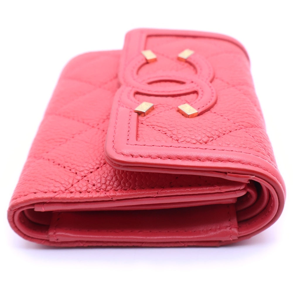 CHANEL(シャネル) CCフィリグリー 三つ折り財布 コンパクトウォレット コインケース レッド キャビアスキン A81941 ゴールド金具 レディース
