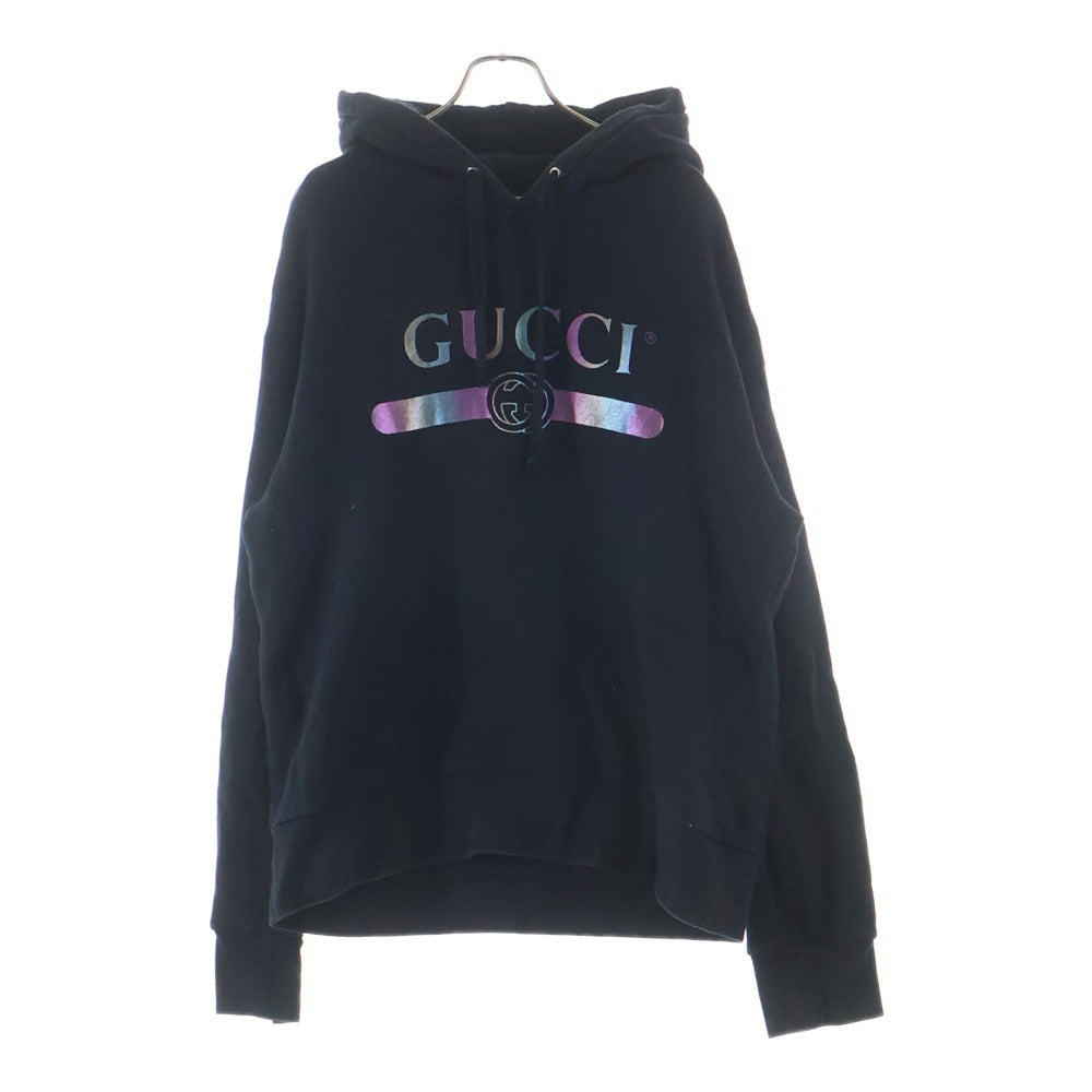 GUCCI(グッチ) オーロラロゴプリント プルオーバー スウェットパーカー フーディー ブラック 475374 レディース
