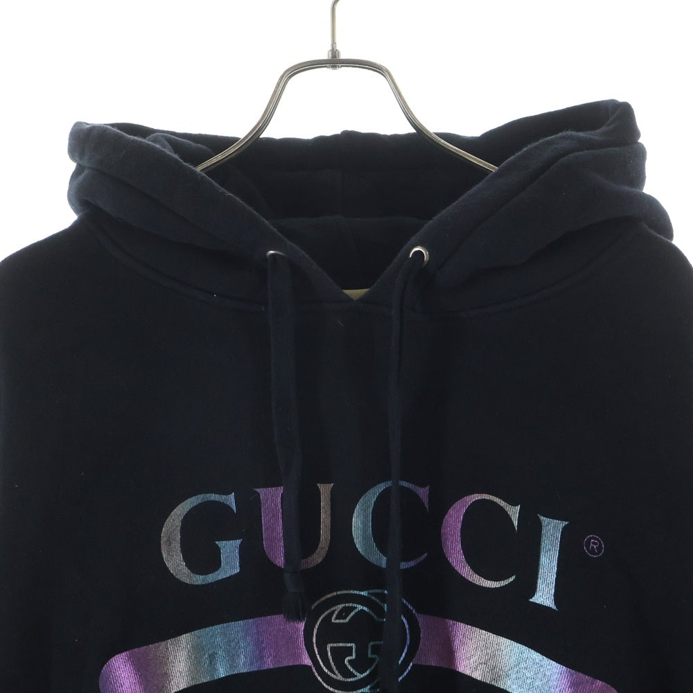 GUCCI(グッチ) オーロラロゴプリント プルオーバー スウェットパーカー フーディー ブラック 475374 レディース