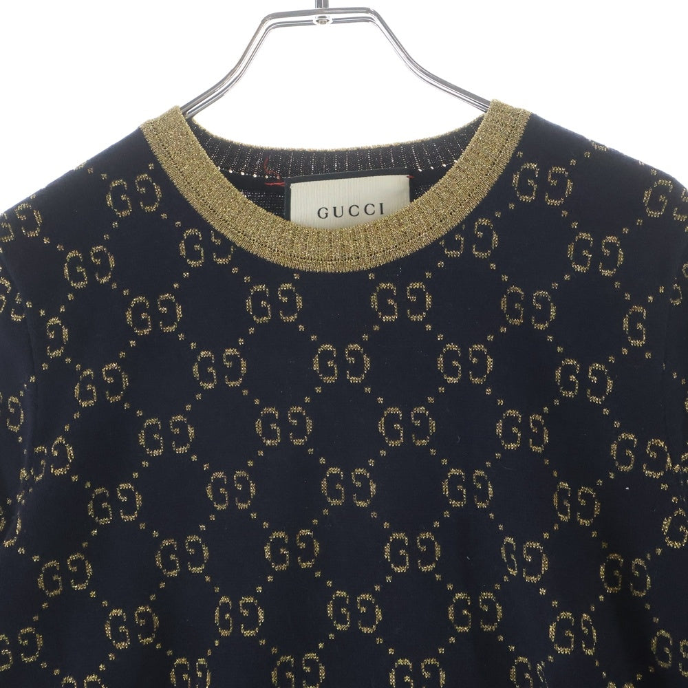 GUCCI(グッチ) GGコットンラメ ジャガード ファブリック トップス クルーネック 半袖ニット セーター ネイビー/ゴールド レディース 526759