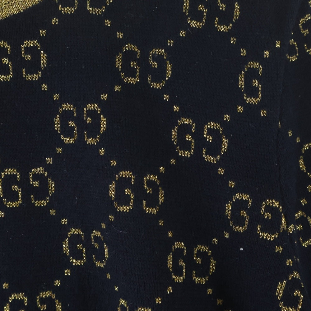 GUCCI(グッチ) GGコットンラメ ジャガード ファブリック トップス クルーネック 半袖ニット セーター ネイビー/ゴールド レディース 526759