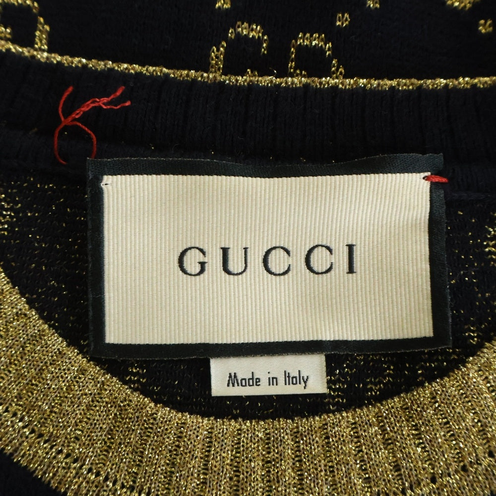 GUCCI(グッチ) GGコットンラメ ジャガード ファブリック トップス クルーネック 半袖ニット セーター ネイビー/ゴールド レディース 526759