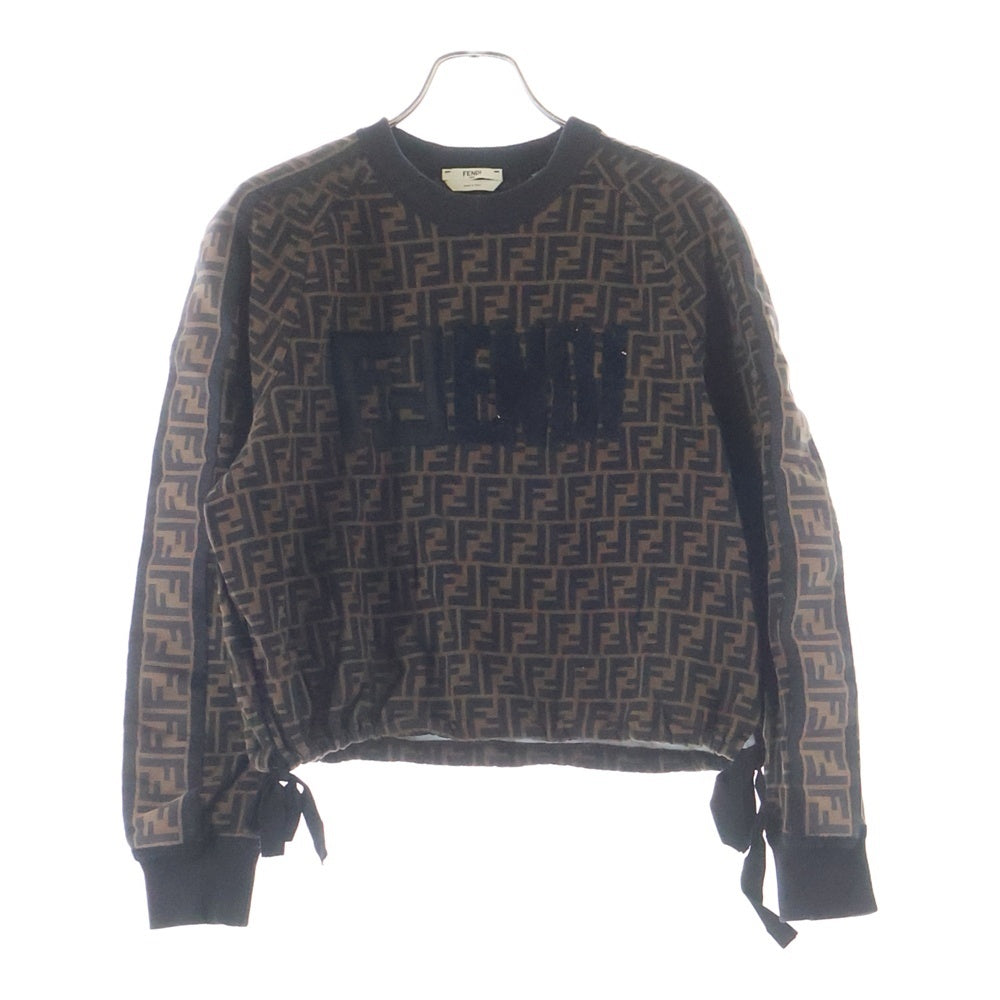 FENDI(フェンディ) ズッカ総柄 ロゴ刺繍 フロッキープリント クルーネック プルオーバー スウェットトレーナー ブラウン FS7102 レディース
