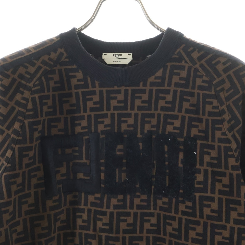FENDI(フェンディ) ズッカ総柄 ロゴ刺繍 フロッキープリント クルーネック プルオーバー スウェットトレーナー ブラウン FS7102 レディース