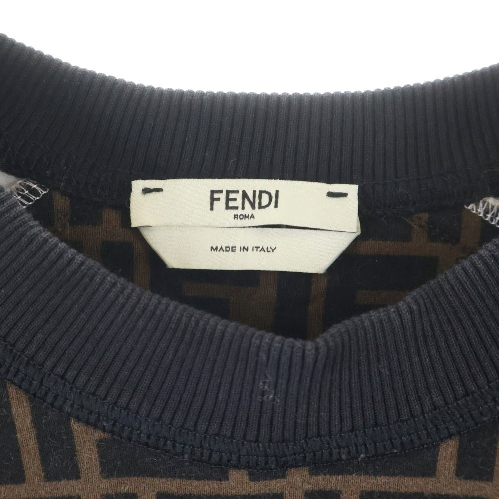 FENDI(フェンディ) ズッカ総柄 ロゴ刺繍 フロッキープリント クルーネック プルオーバー スウェットトレーナー ブラウン FS7102 レディース