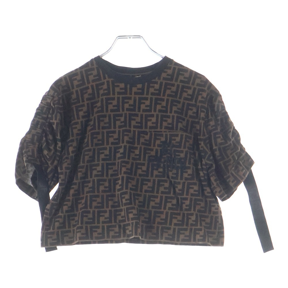 FENDI(フェンディ) FFロゴ刺繍 ズッカ総柄 クルーネック クロップド 半袖Tシャツ カットソー ブラウン レディース FS7136