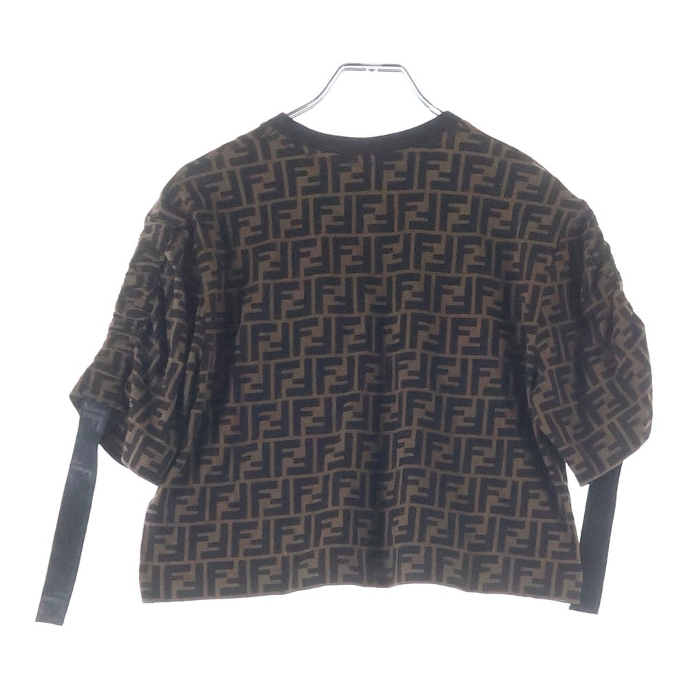 FENDI(フェンディ) FFロゴ刺繍 ズッカ総柄 クルーネック クロップド 半袖Tシャツ カットソー ブラウン レディース FS7136
