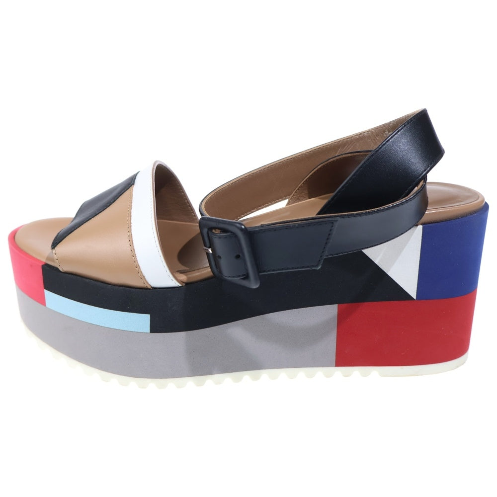 HERMES(エルメス) ウェッジソール マルチカラー レザー ストラップ 厚底 サンダル シューズ ブラック/ベージュ レディース