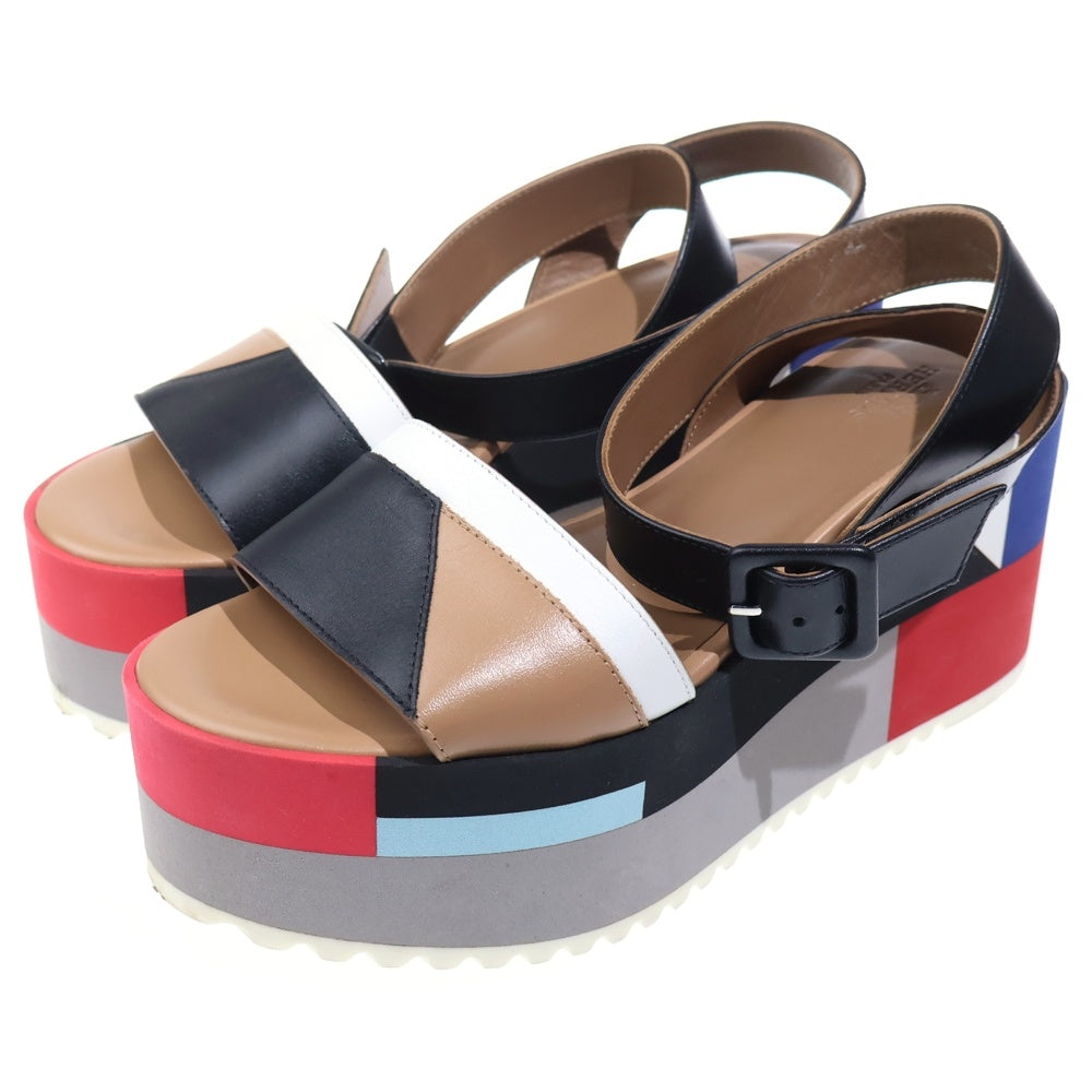 HERMES(エルメス) ウェッジソール マルチカラー レザー ストラップ 厚底 サンダル シューズ ブラック/ベージュ レディース