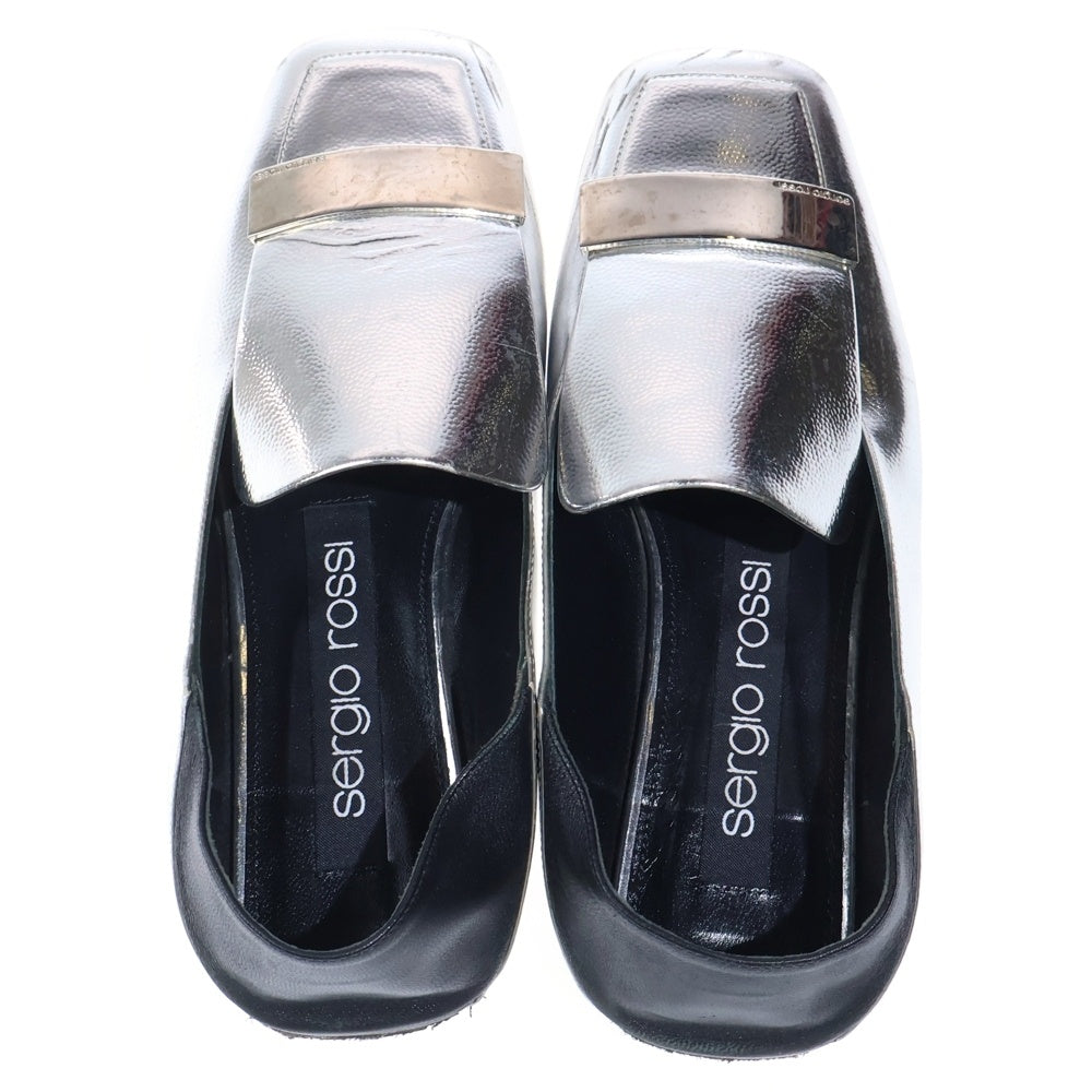 Sergio Rossi(セルジオロッシ) ロゴプレート メタリックレザー スクエアトゥ フラットシューズ ミュール パンプス シルバー レディース