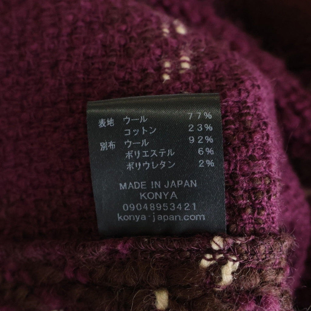 KONYA(コンヤ) ウール ツイードニット ノーカラー ジャケット パープル/ボルドー