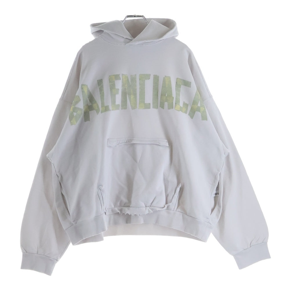 BALENCIAGA(バレンシアガ) )23SS Tape Type Ripped Pocket Hoodie テープロゴ ダメージ加工 プルオーバースウェットパーカー フーディー ホワイト 744441