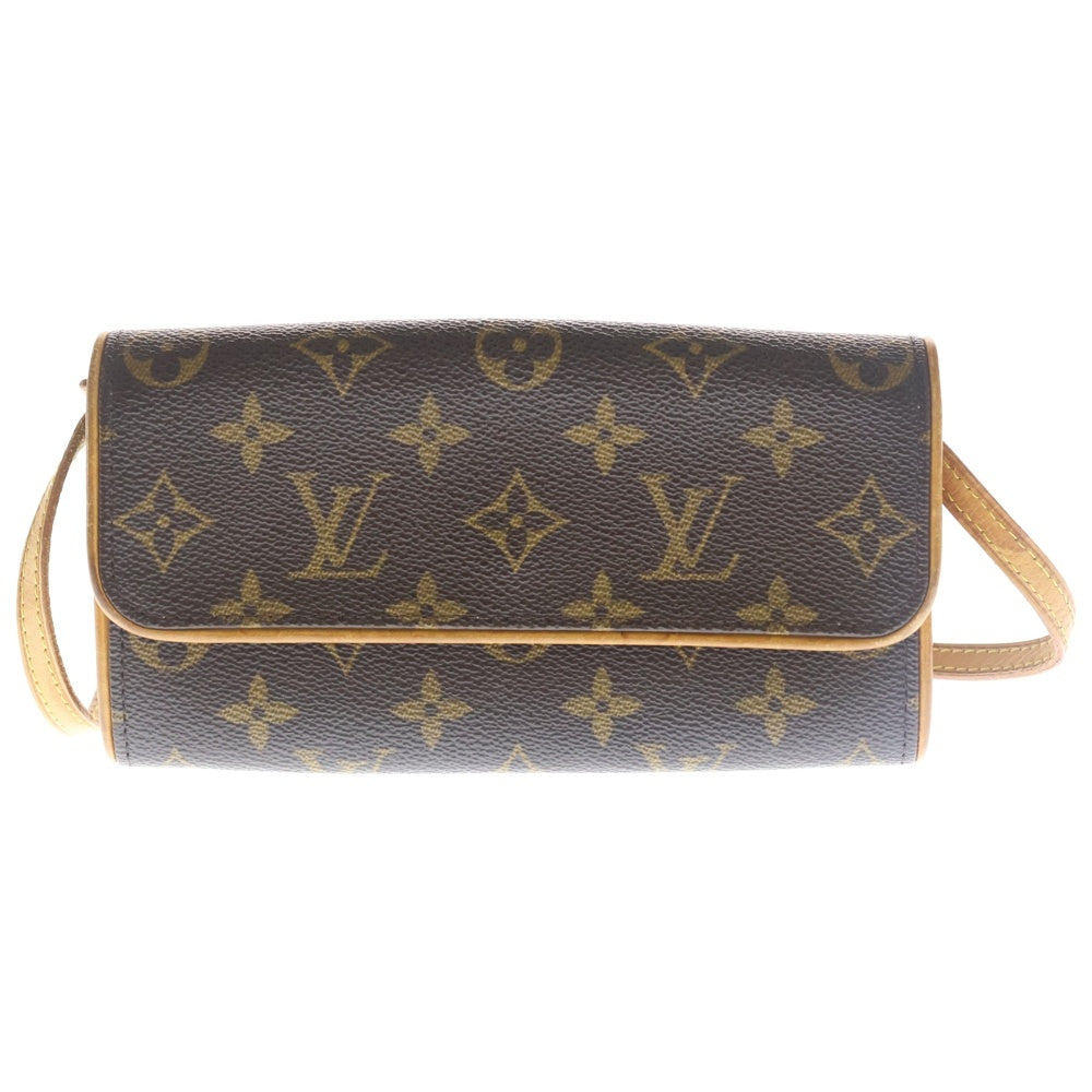 LOUIS VUITTON(ルイヴィトン) モノグラム ポシェットツインPM ショルダーバッグ ミニバッグ ブラウン レザー×PVC M51854 ゴールド金具 レディース
