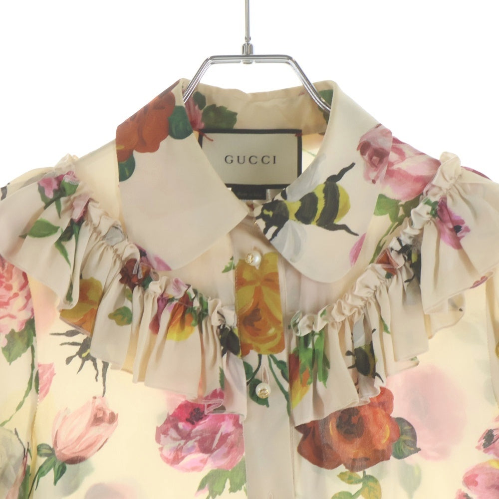GUCCI(グッチ) フラワー総柄プリント シルク フリル 長袖ブラウス シャツ ベージュ 423838 レディース