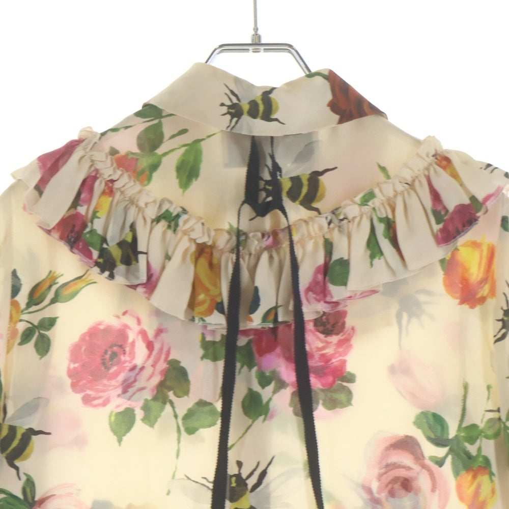 GUCCI(グッチ) フラワー総柄プリント シルク フリル 長袖ブラウス シャツ ベージュ 423838 レディース