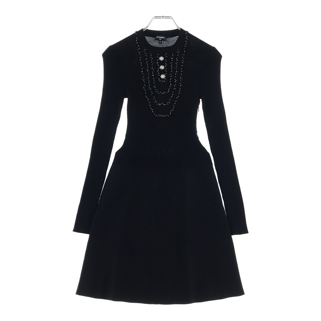 CHANEL(シャネル) ココボタン クローバー フロントビーズ ひざ丈ニットワンピース ブラック #34 P65217K60981 レディース