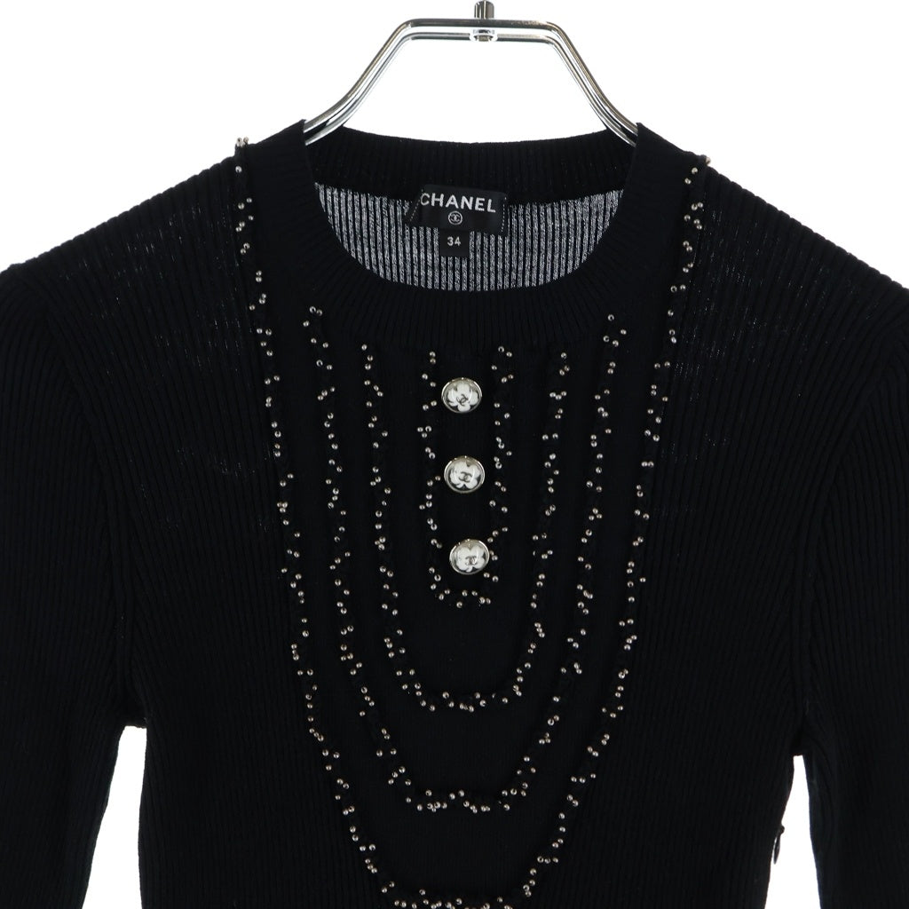 CHANEL(シャネル) ココボタン クローバー フロントビーズ ひざ丈ニットワンピース ブラック #34 P65217K60981 レディース