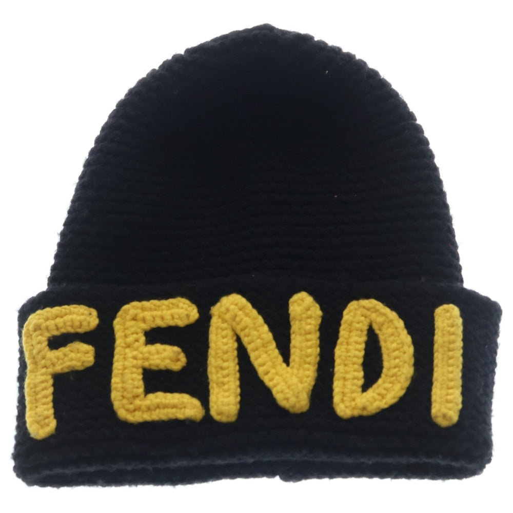 FENDI(フェンディ) ロゴ ウールニットキャップ 帽子 ビーニー ブラック/イエロー