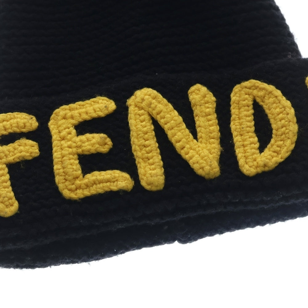 FENDI(フェンディ) ロゴ ウールニットキャップ 帽子 ビーニー ブラック/イエロー
