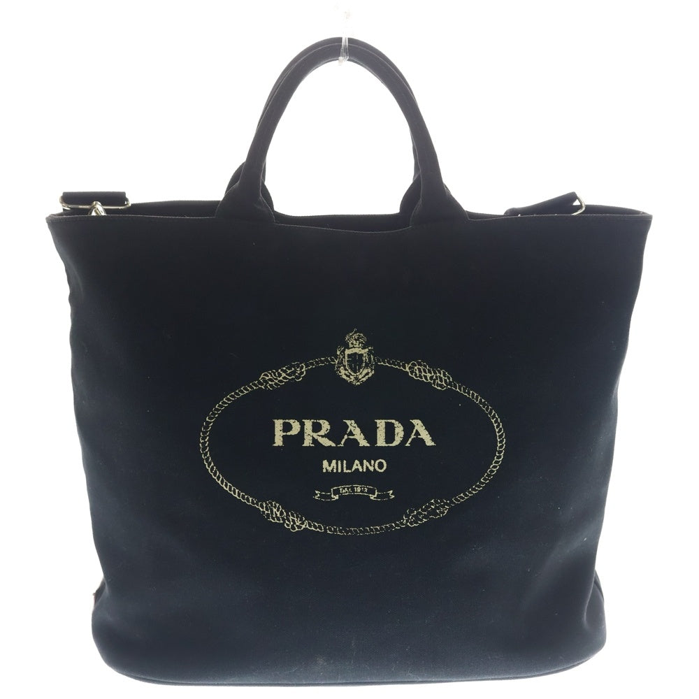 PRADA(プラダ) カナパ トライアングルロゴプレート キャンバス トートバッグ シルバー金具 ブラック 1BG163 レディース