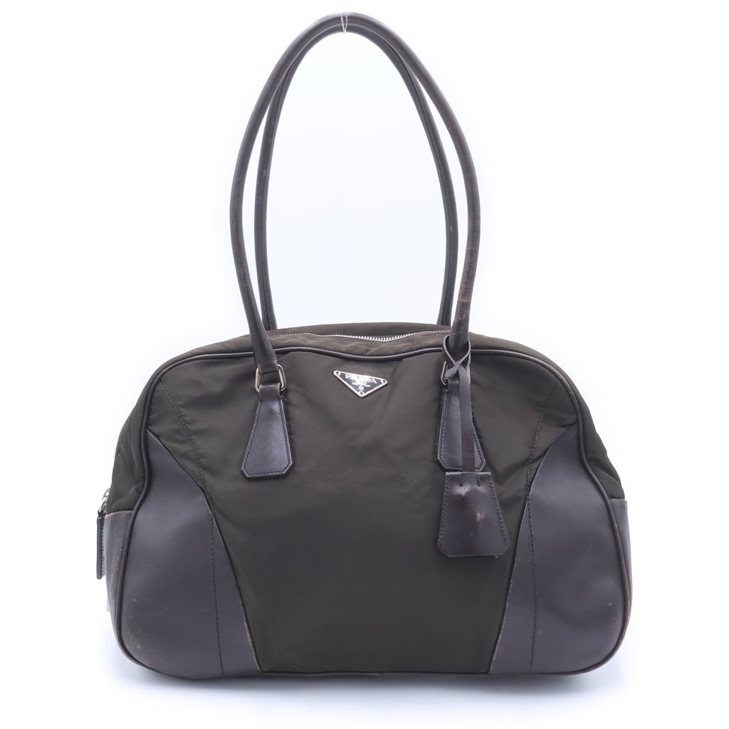 PRADA(プラダ) トライアングルロゴプレート ナイロン レザー ショルダーバッグ カーキ/ブラウン レディース