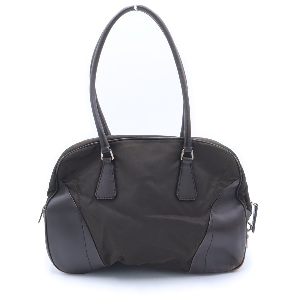 PRADA(プラダ) トライアングルロゴプレート ナイロン レザー ショルダーバッグ カーキ/ブラウン レディース