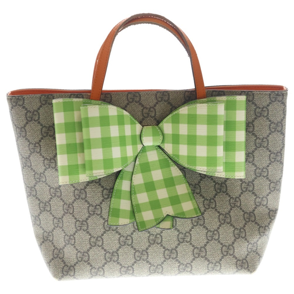GUCCI(グッチ) GGスプリーム チルドレンズ ギンガムチェック柄 リボン トートバッグ ベージュ/ライトグリーン 501804 レディース