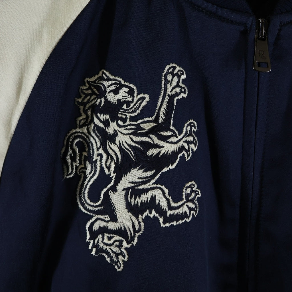 RALPH LAUREN(ラルフローレン) PURPLE LABEL パープルレーベル スカル刺繍 サテン ジップアップジャケット スカジャン ブルゾン ネイビー 790682553001