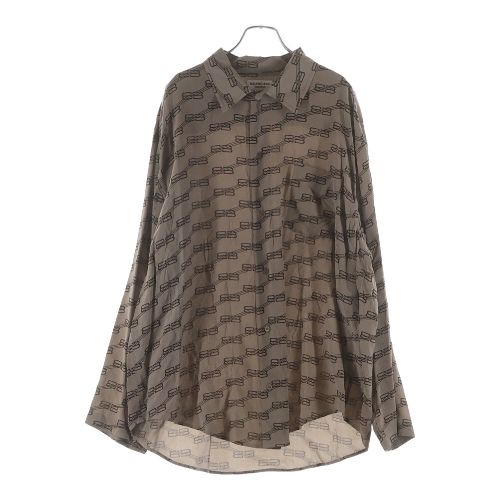 BALENCIAGA(バレンシアガ) HOMEWEAR BBロゴ総柄プリント シルク 長袖シャツ ブラウン 681631