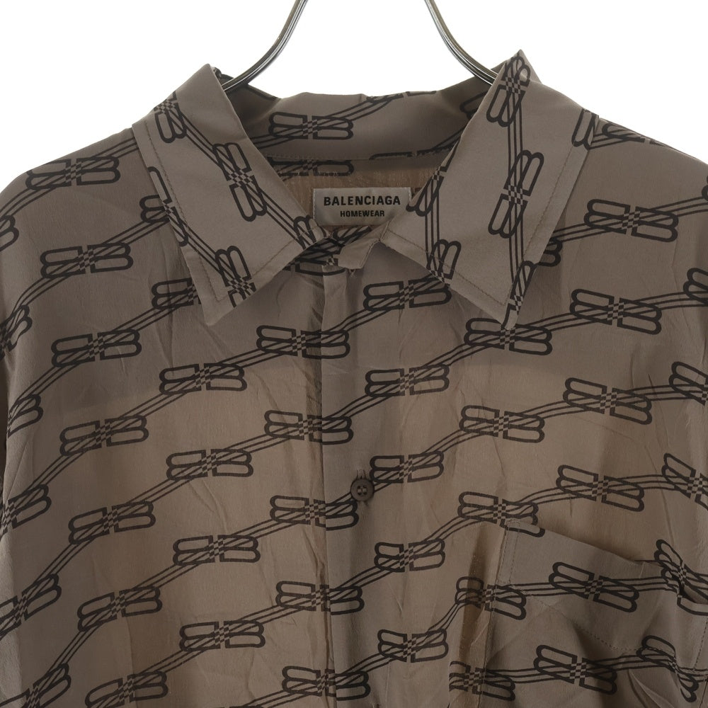 BALENCIAGA(バレンシアガ) HOMEWEAR BBロゴ総柄プリント シルク 長袖シャツ ブラウン 681631
